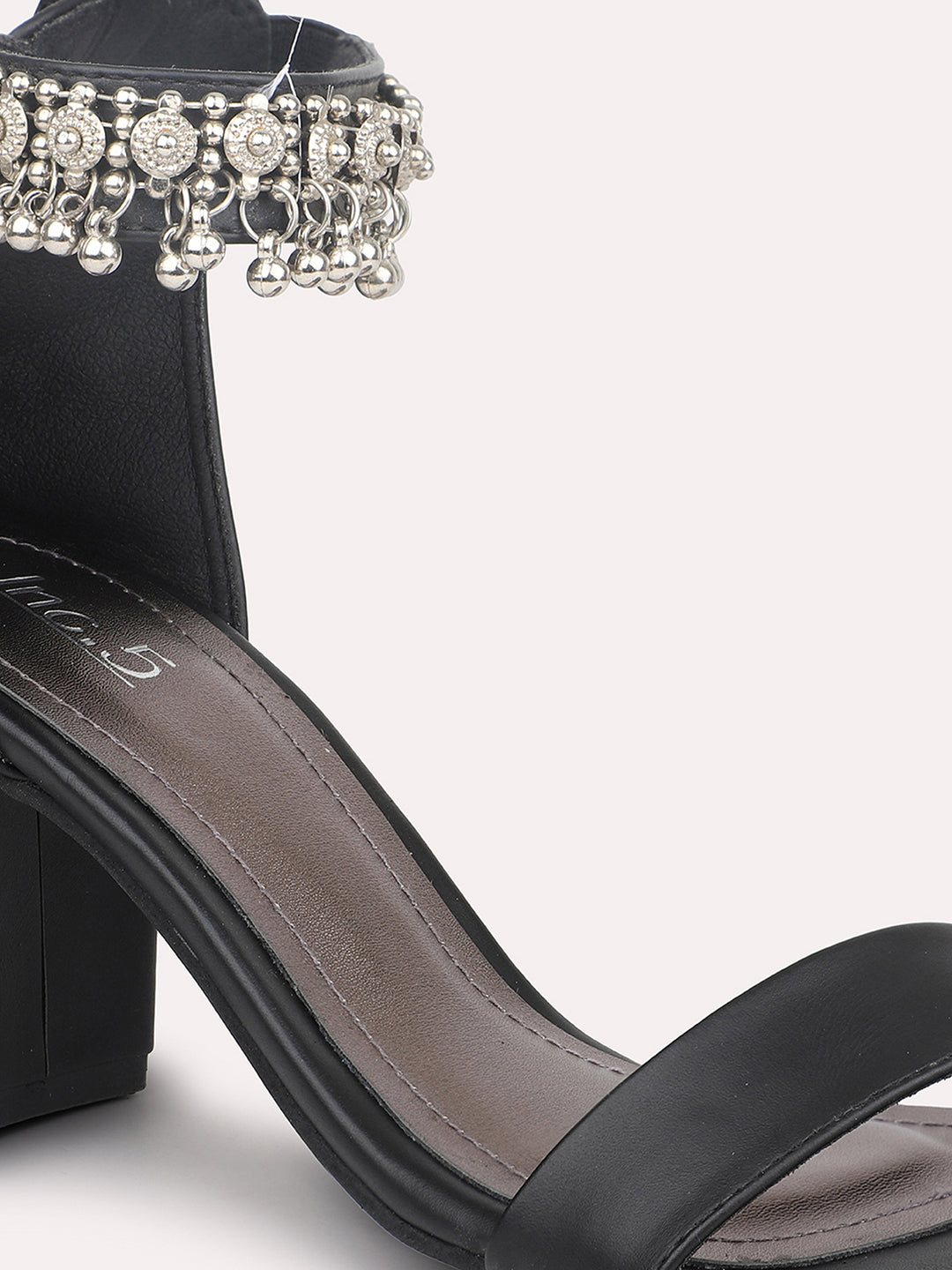 Women Black Embellished Mid-Top Party Block Heels