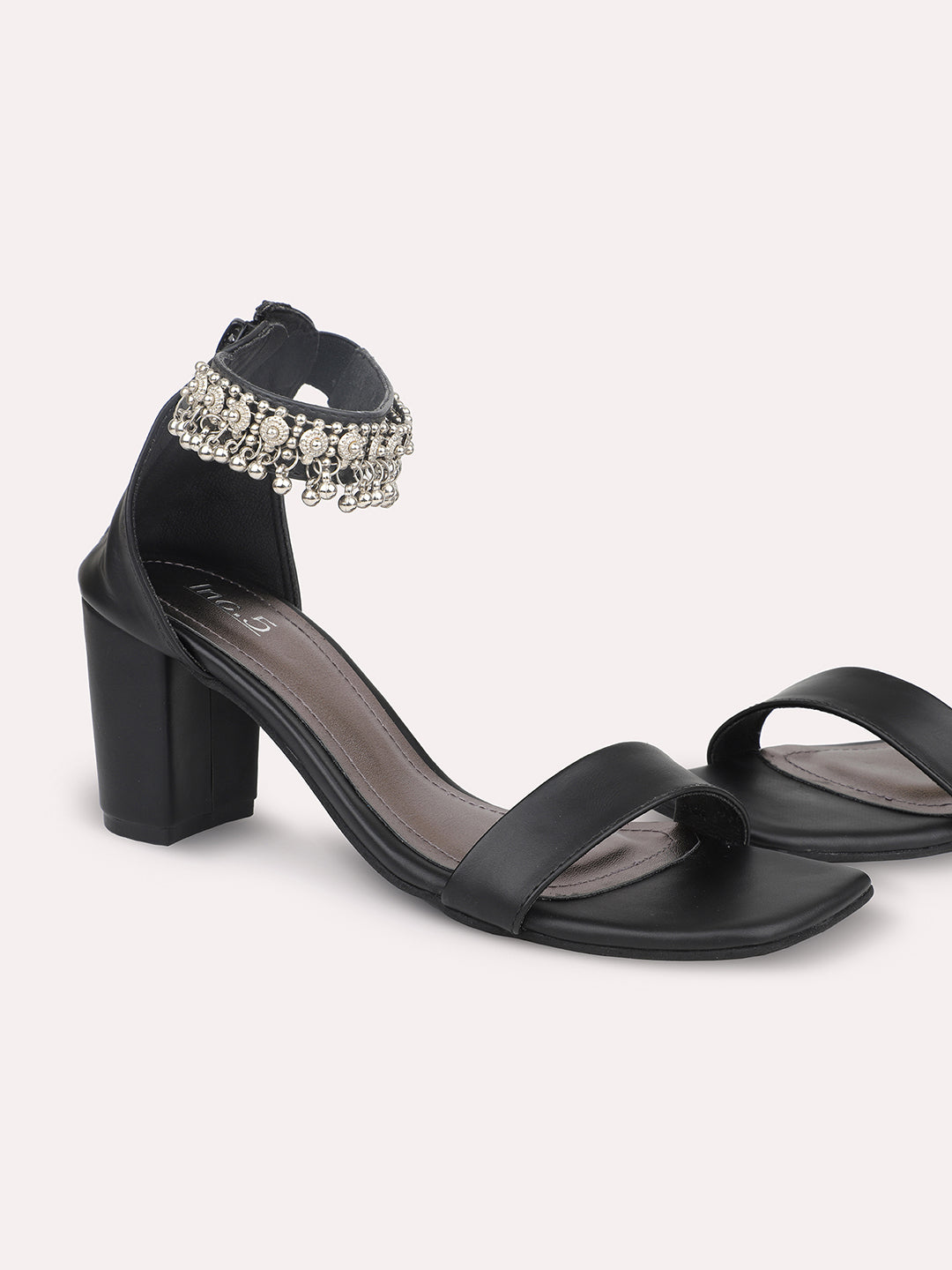 Women Black Embellished Mid-Top Party Block Heels