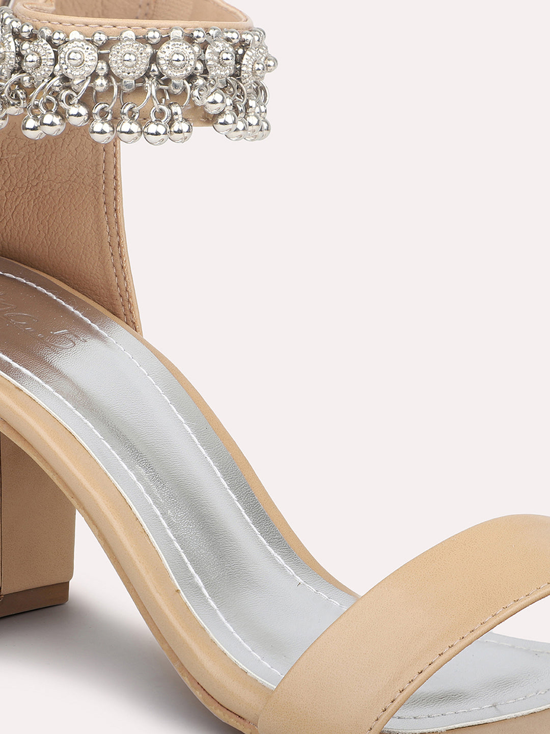 Women Beige Embellished Mid-Top Party Block Heels