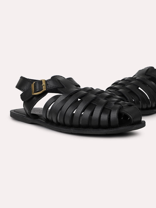 Men Black Strappy Leather Casual Sandal With Buckle