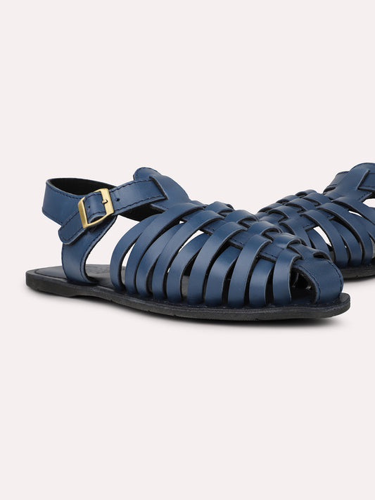 Men Blue Strappy Leather Casual Sandal With Buckle