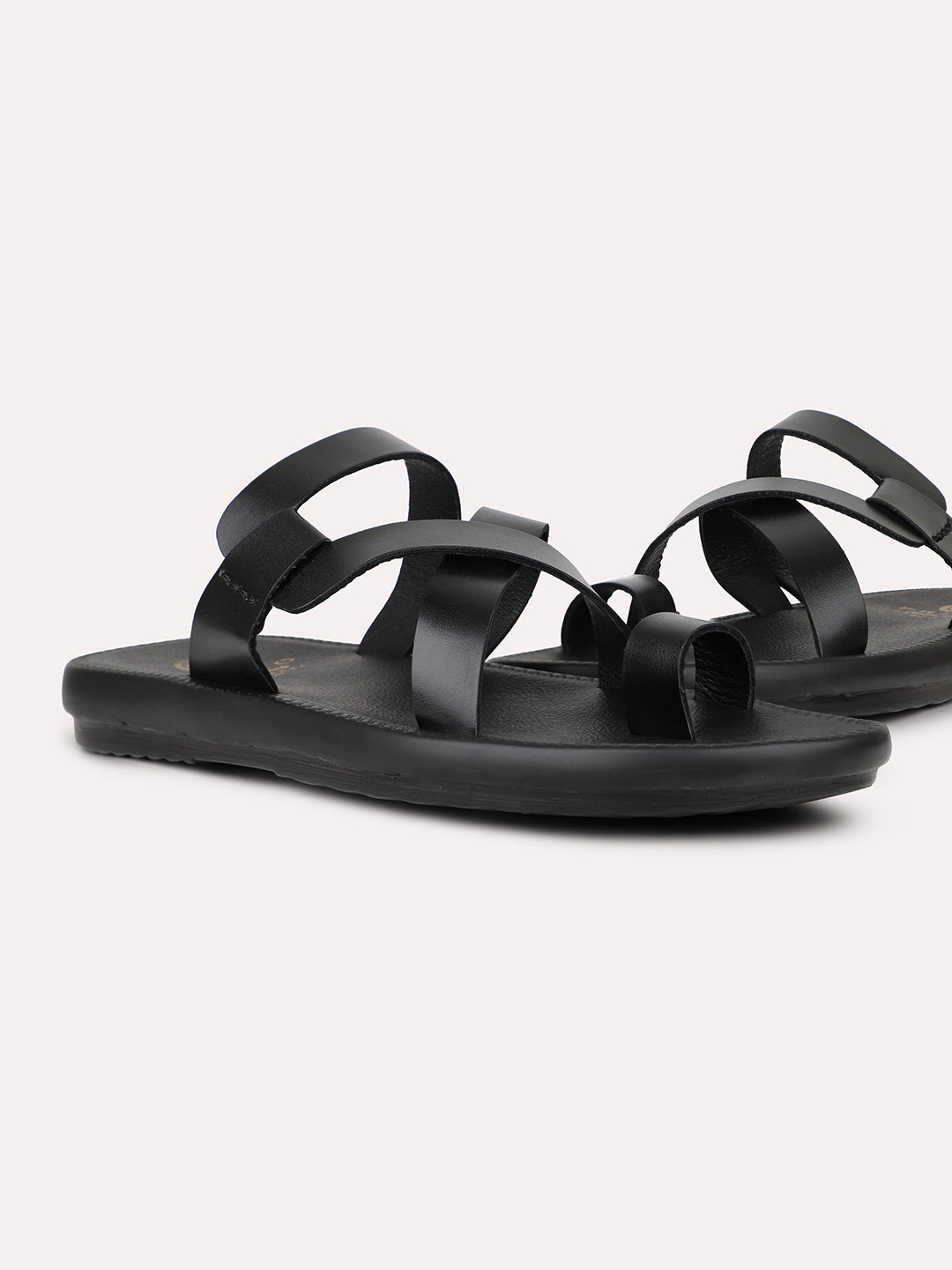 Men Black Leather One Toe Comfort Sandals
