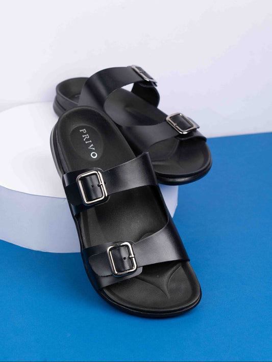 Mens Black Solid Round Toe Flat Leather Sandals