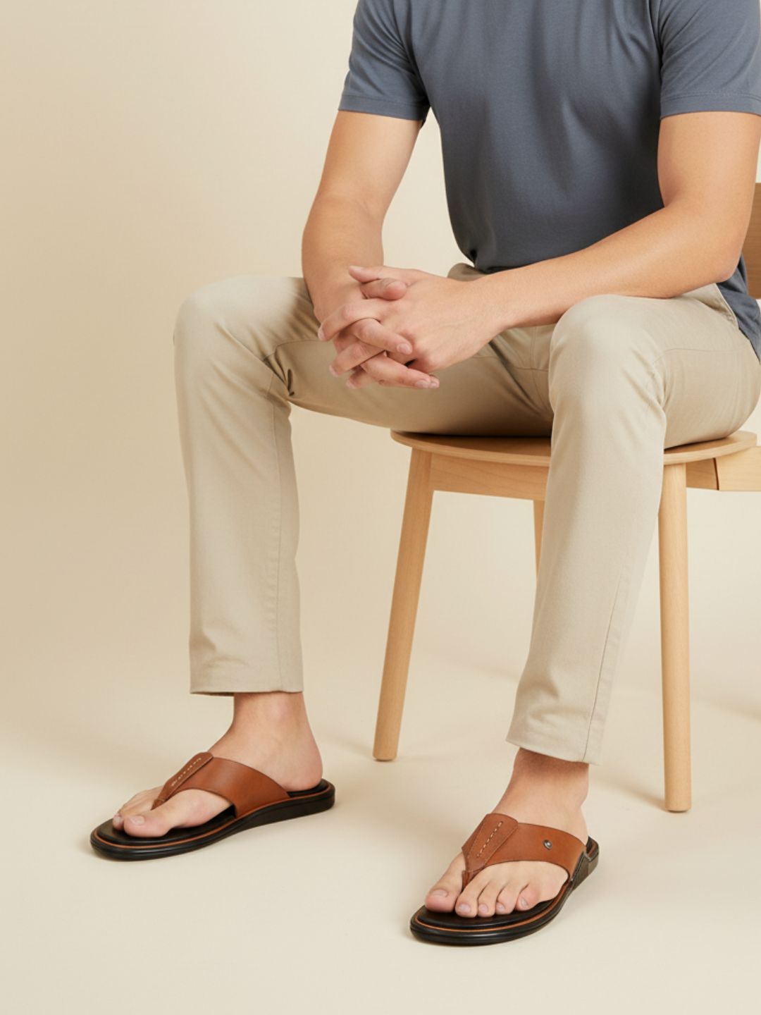 Mens Tan Casual Solid Pattern T-Strap Flats