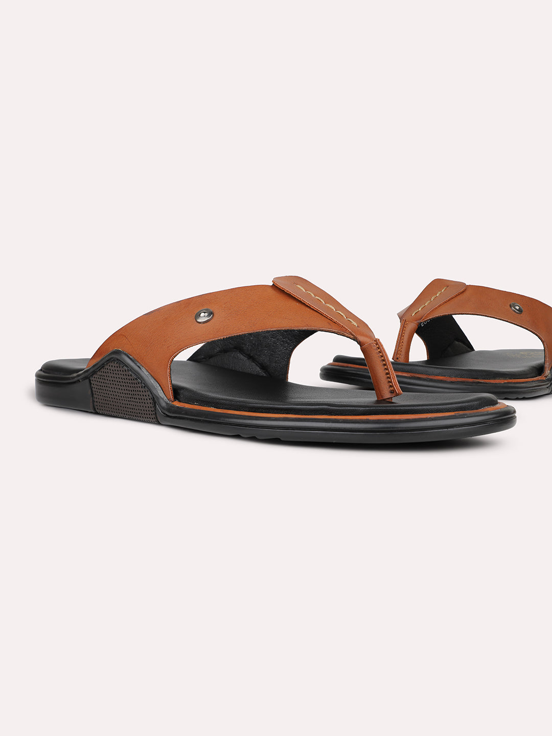 Mens Tan Casual Solid Pattern T-Strap Flats