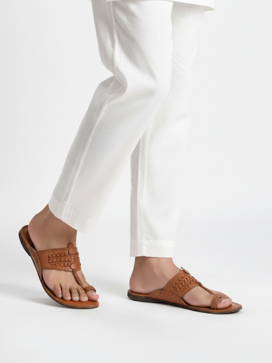 Mens Tan Casual Solid Pattern One Toe Flats Slip-On Sandals
