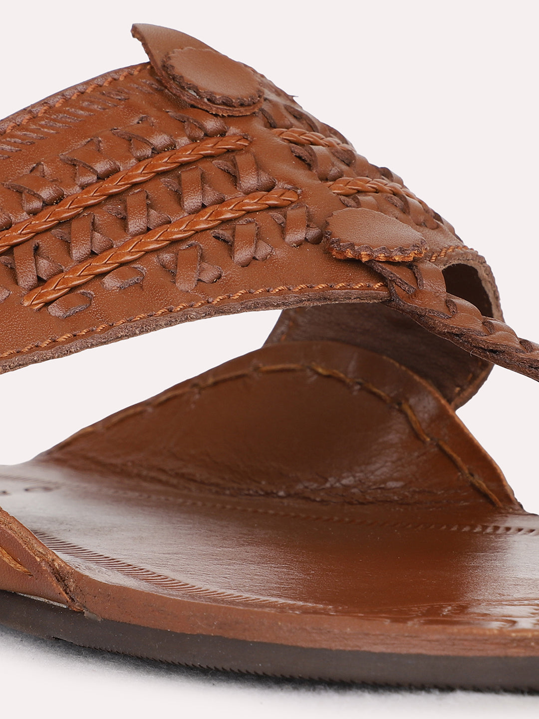 Mens Tan Casual Solid Pattern One Toe Flats Slip-On Sandals