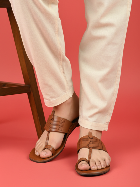 Mens Tan Casual Solid One Toe Flats Slip-On Sandals