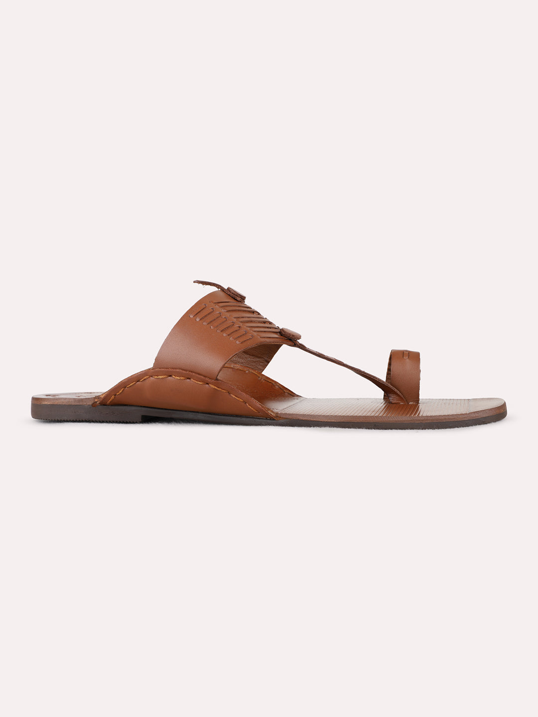 Mens Tan Casual Solid One Toe Flats Slip-On Sandals
