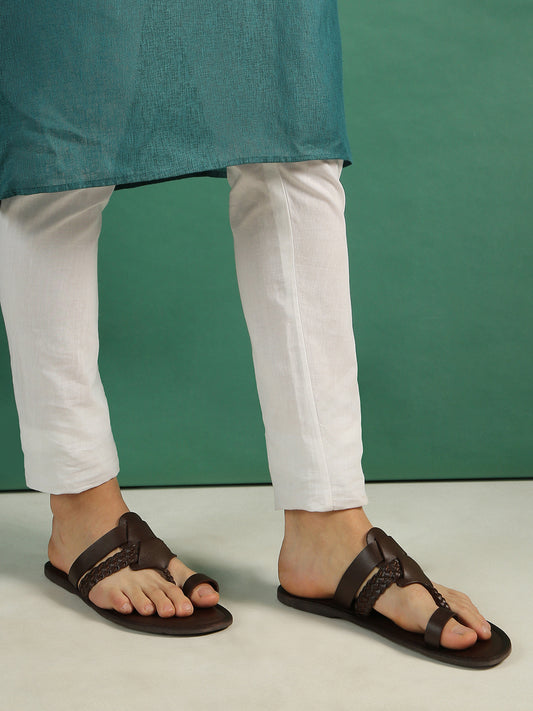 Mens Brown Casual One Toe Flat Slip-On Sandals
