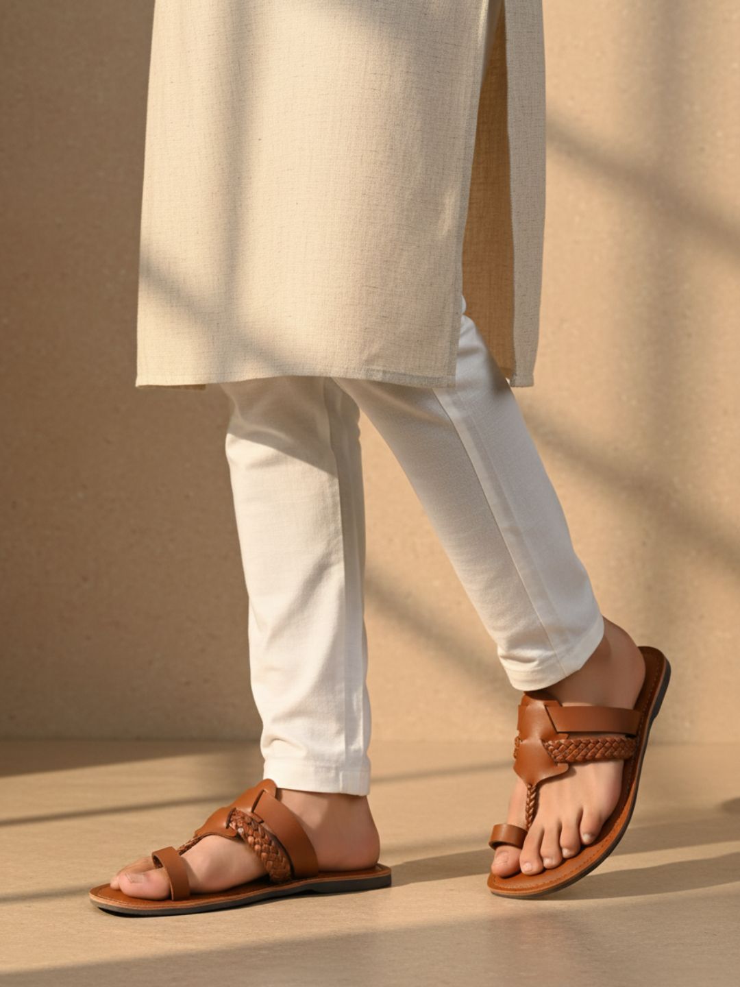 Mens Tan Casual Solid One Toe Slip-On Flats