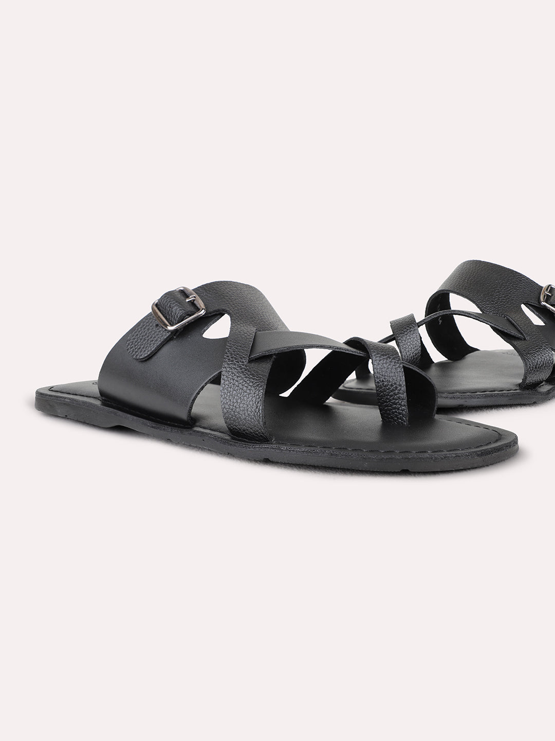 Mens Black Casual One Toe Flat Slip-On Sandals