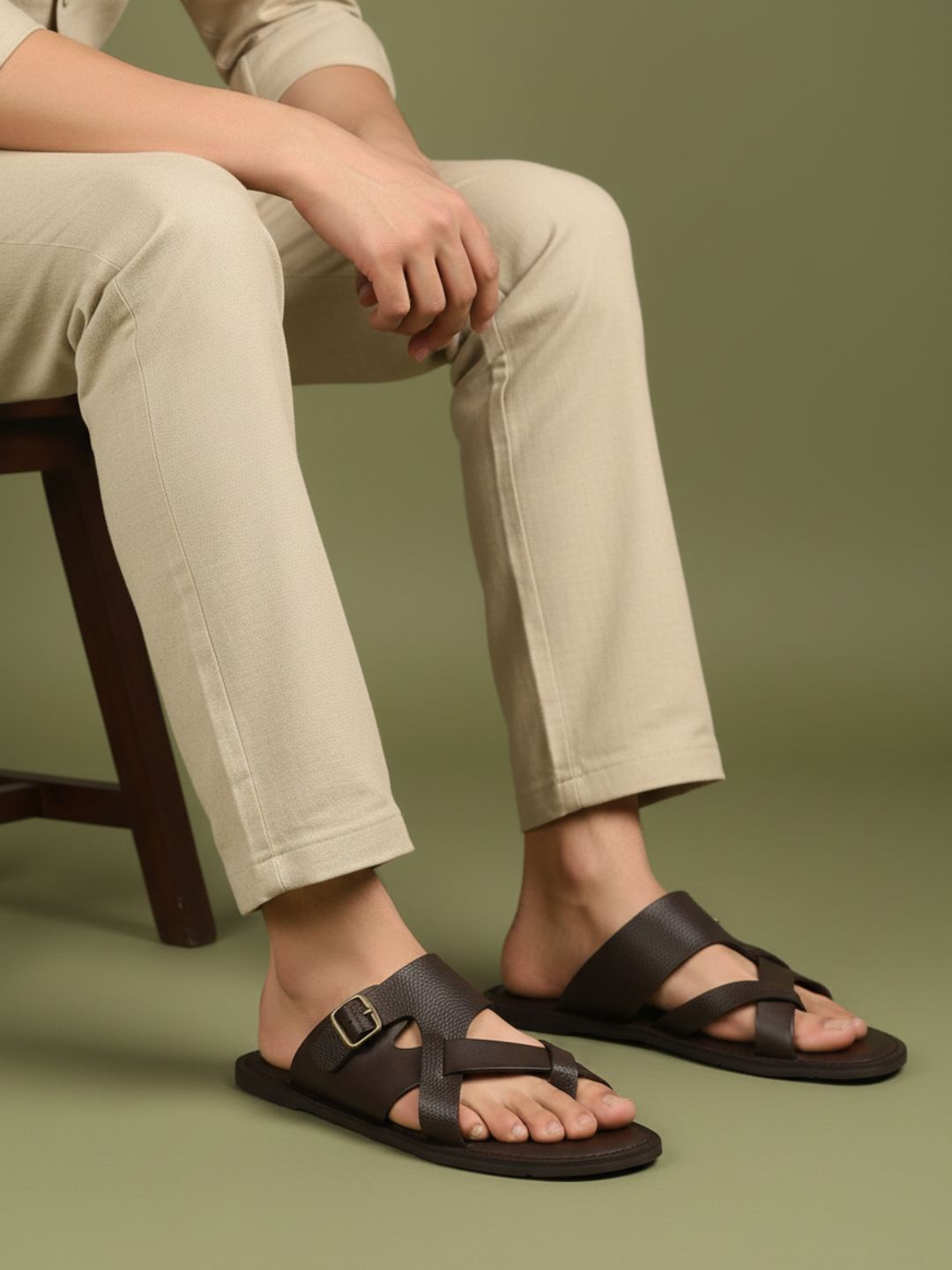 Mens Brown Casual Striped One Toe  Slip-On Flats