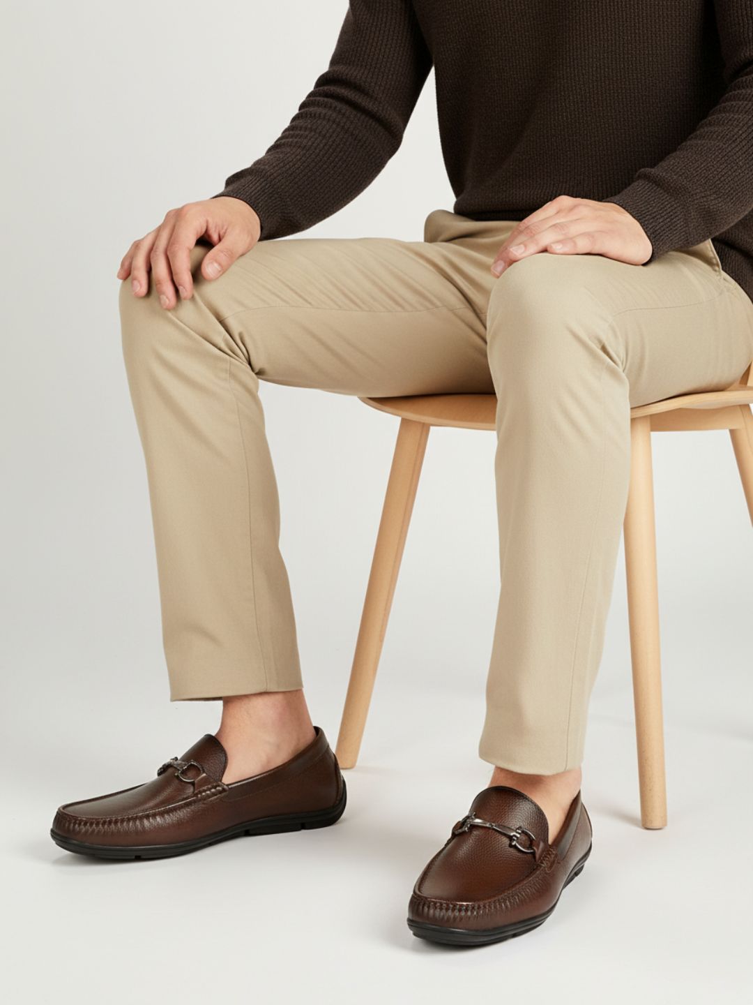 Mens Dark Tan Casual Solid Pattern Round Toe Loafers