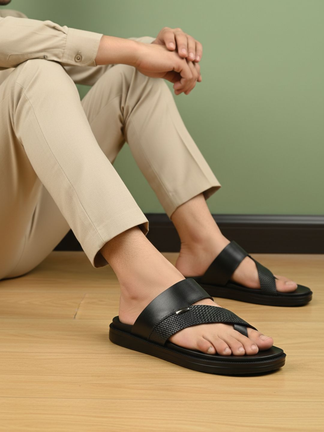 Mens Black Casual Striped One Toe Slip-On Flats