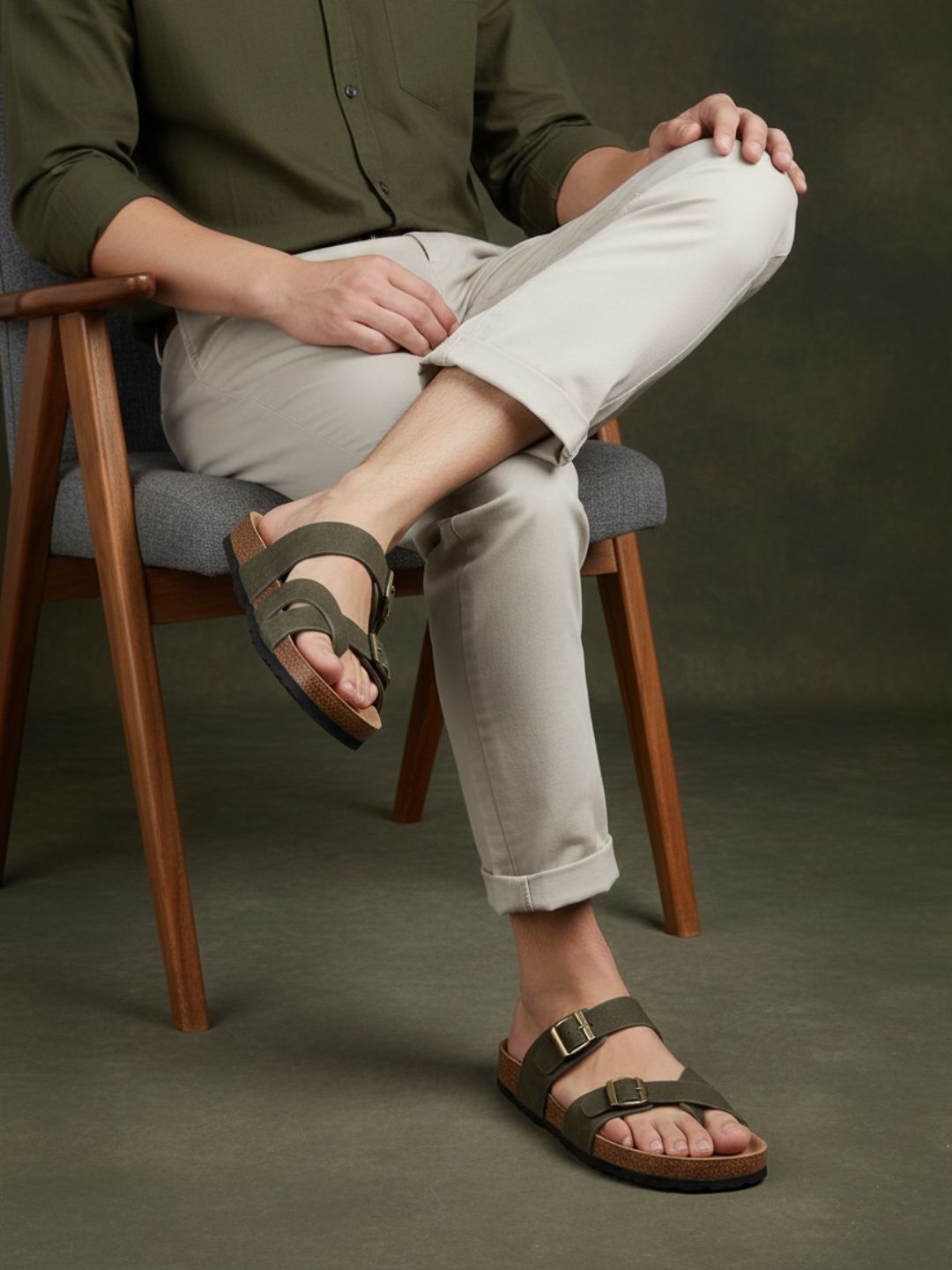 Mens Green Casual Striped One Toe Slip-On Flats