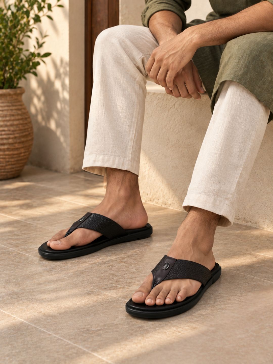 Mens Black Casual Solid T-Strap Flats