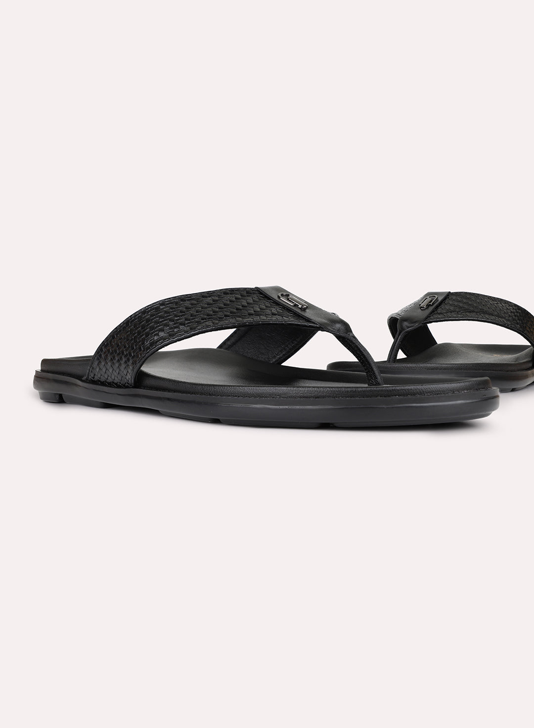 Mens Black Casual Solid T-Strap Flats