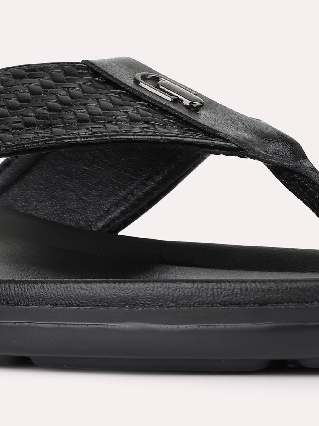 Mens Black Casual Solid T-Strap Flats
