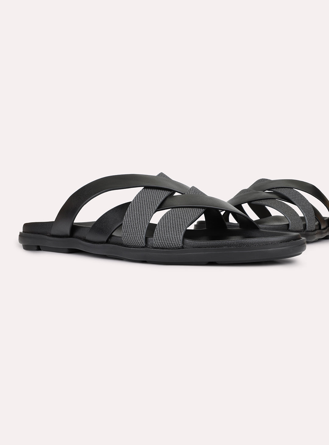Mens Black/Grey Casual Striped Open Toe Flats