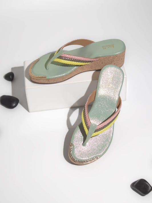Women Green Textured Wedge Sandals