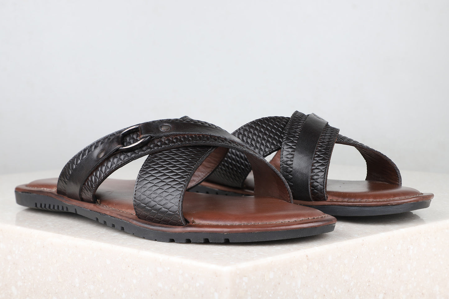 Atesber Brown Textured Sandals For Men