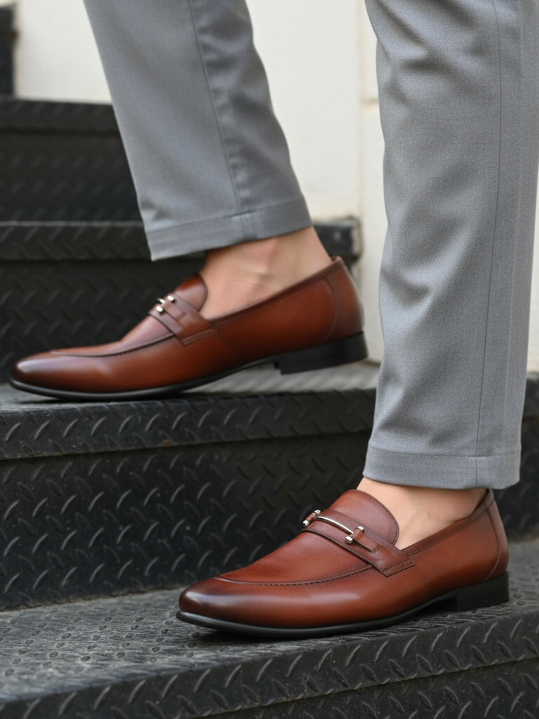 Mens Tan Formal Solid Pointed Toe Loafer Shoe