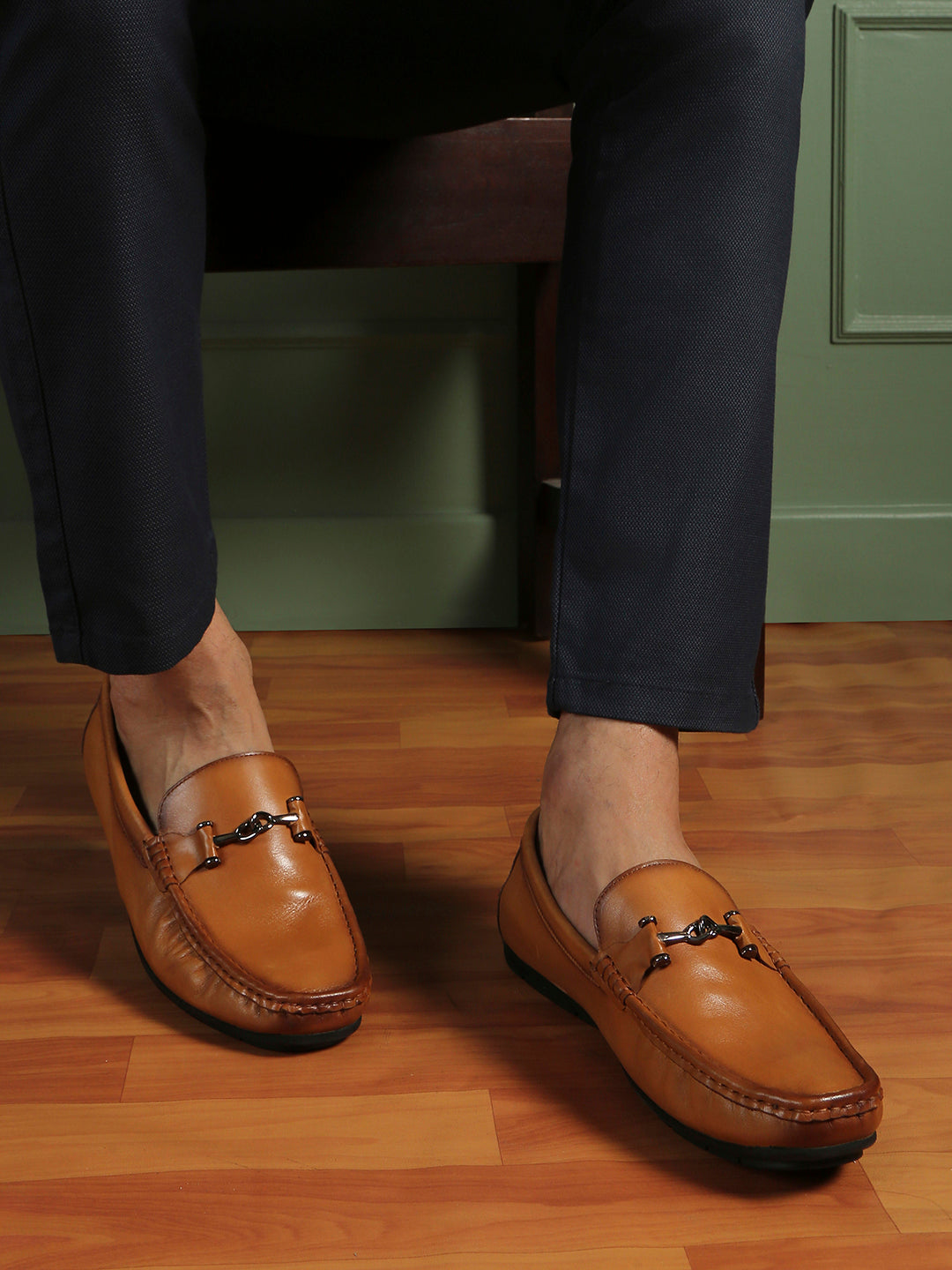 Mens Tan Party Wear Solid Square Toe Loafer Shoes