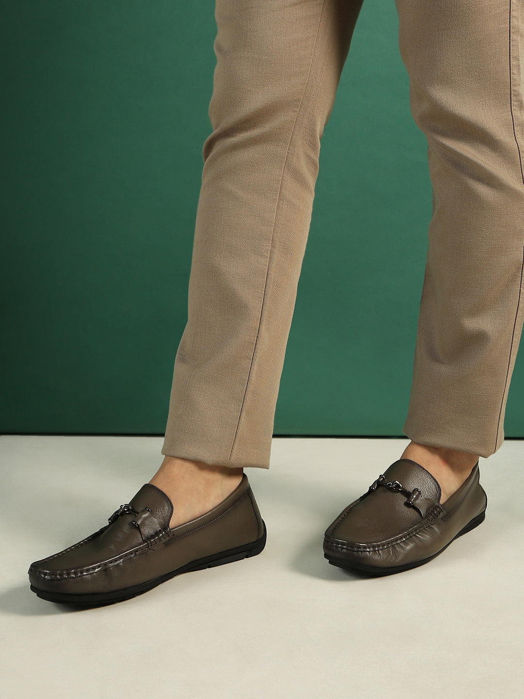 Mens Grey Party Wear Solid Square Toe Loafer Shoes