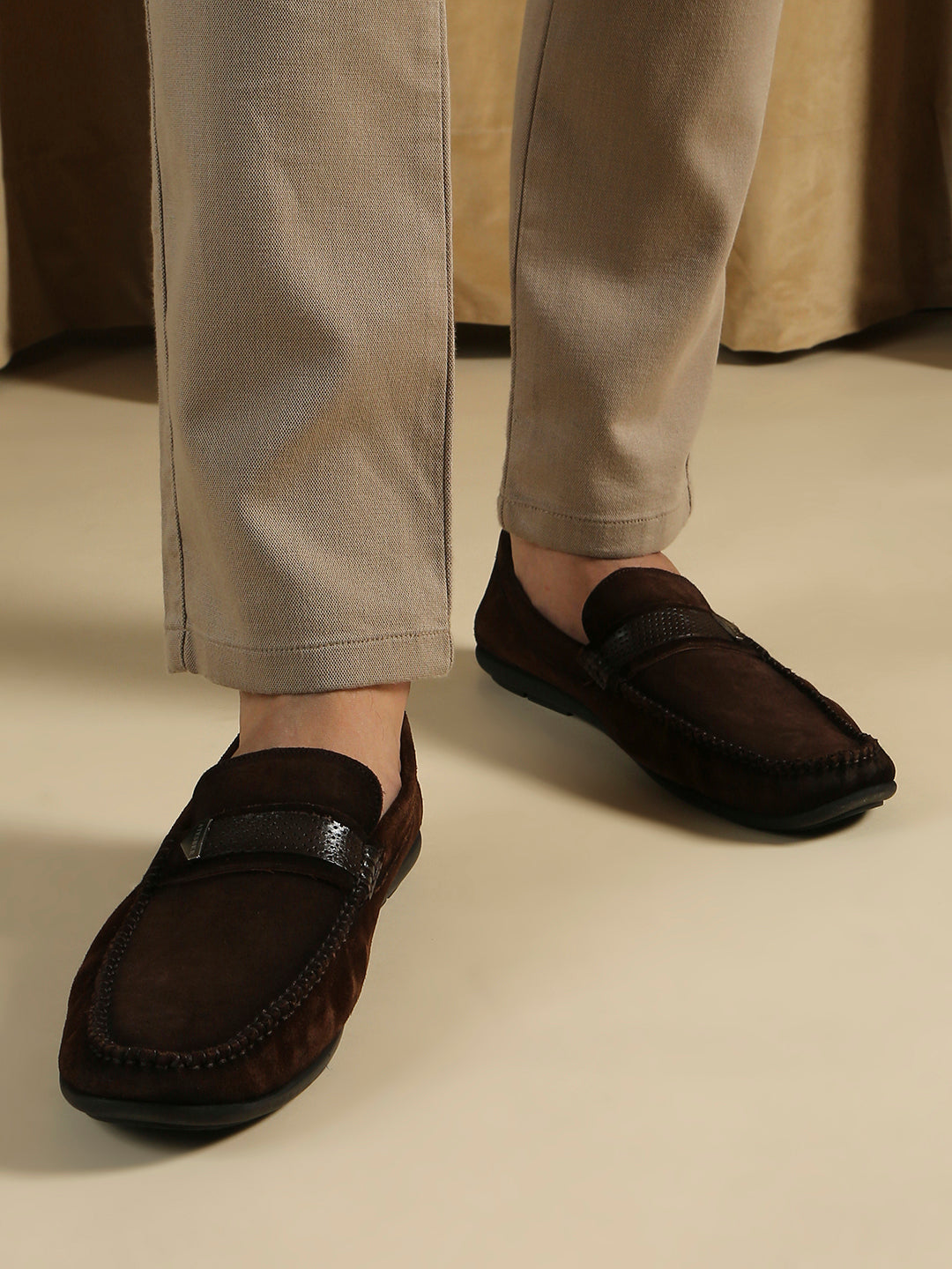 Mens Brown Party Wear Solid Square Toe Loafer Shoes