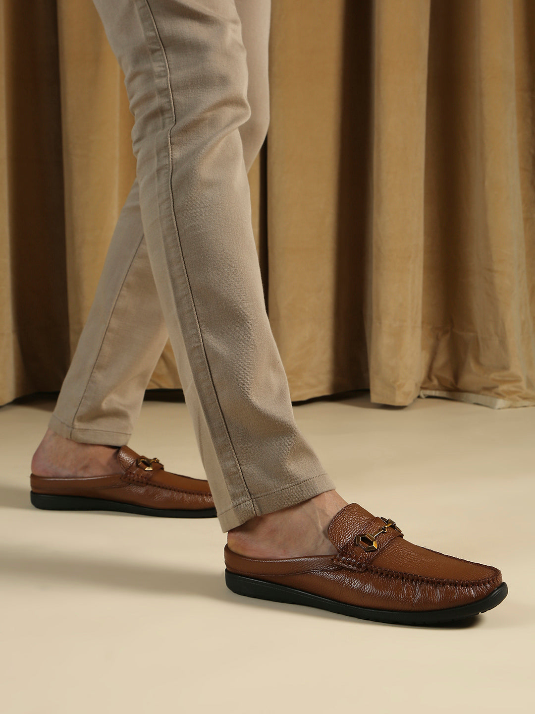 Mens Tan Party Wear Solid Square Toe Loafer Shoes