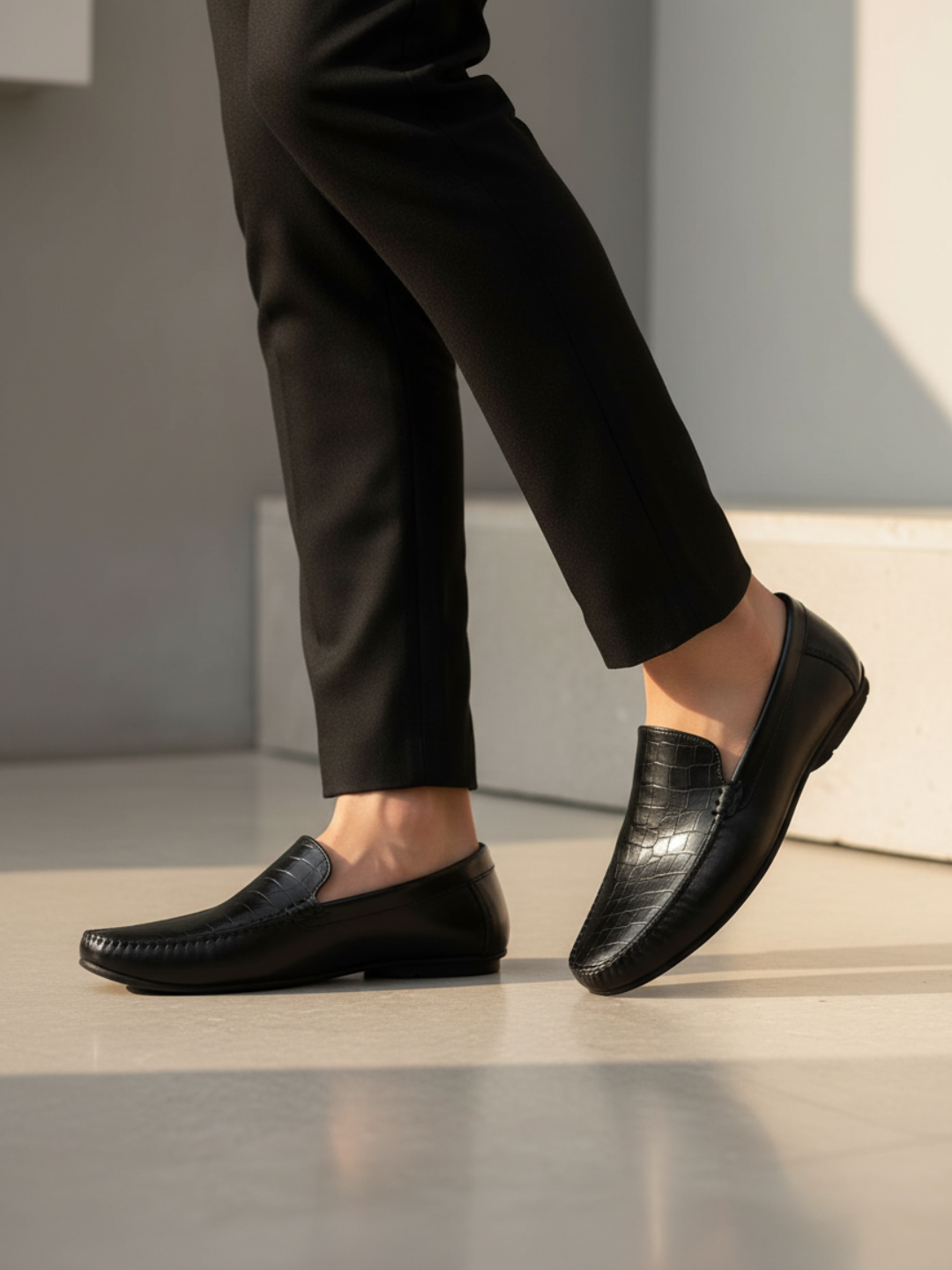 Mens Black Casual Solid Pattern Square Toe Loafers