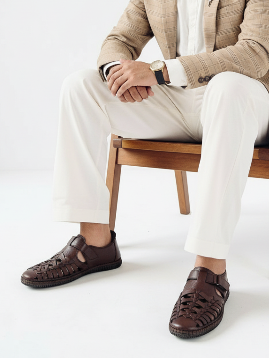 Mens Brown Casual Striped Round Toe Sandals