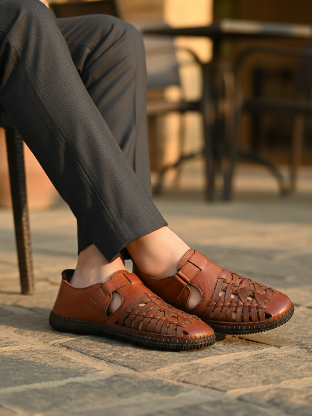 Mens Tan Casual Striped Round Toe Sandals