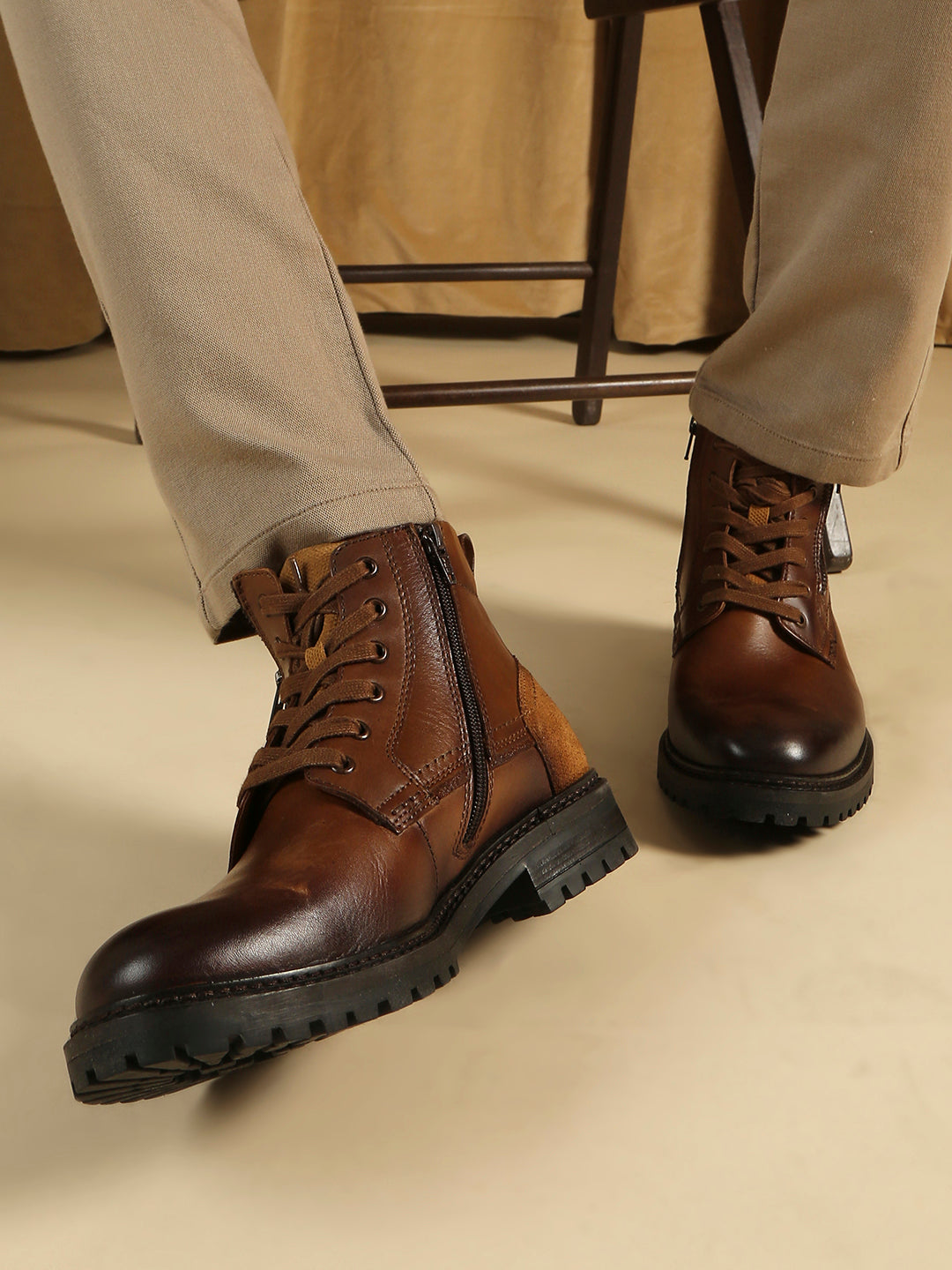 Mens Brown Casual Solid Round Toe Ankle Boots