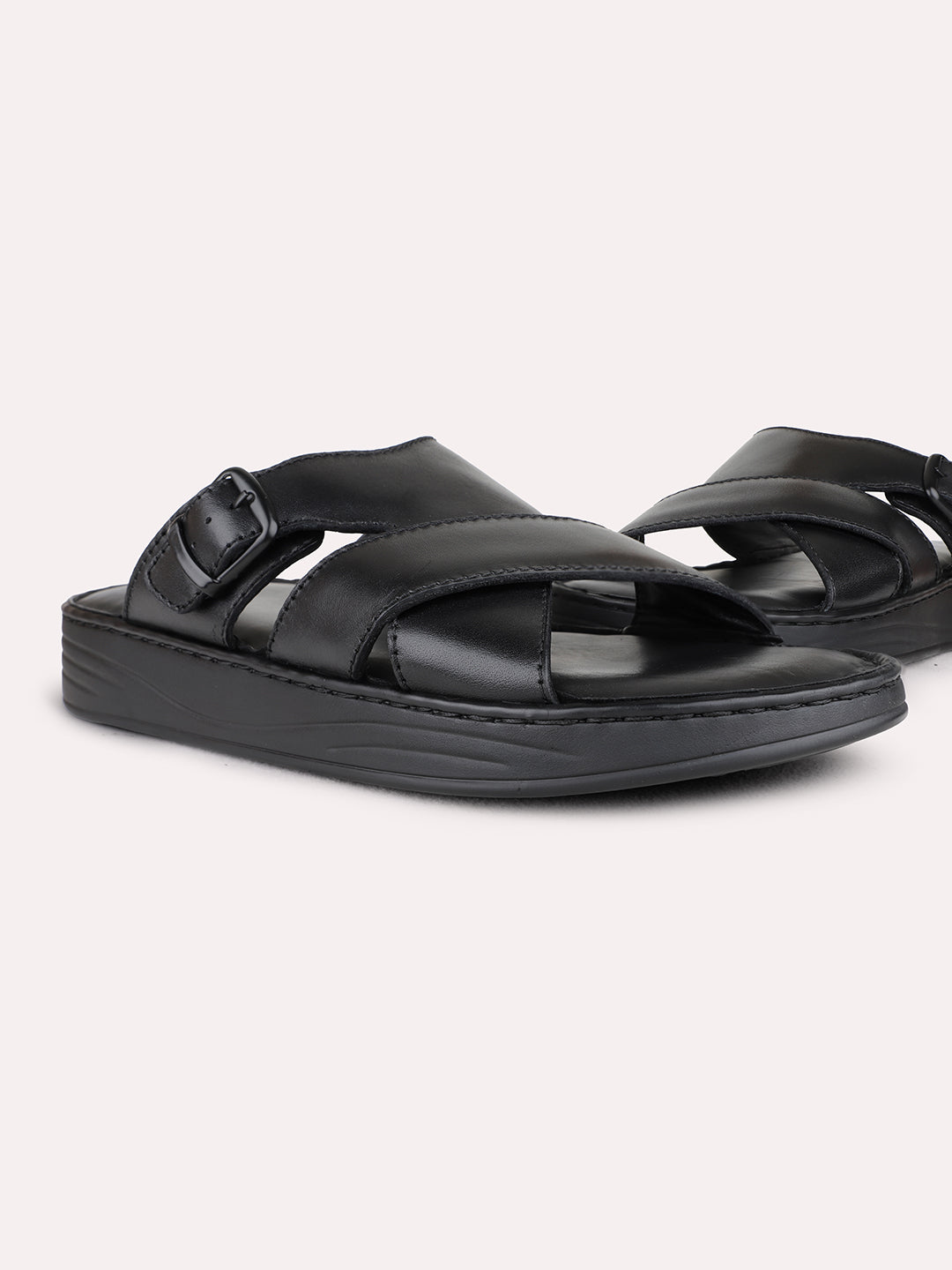 Black Casual Solid Pattern Round Toe Sandals For Mens