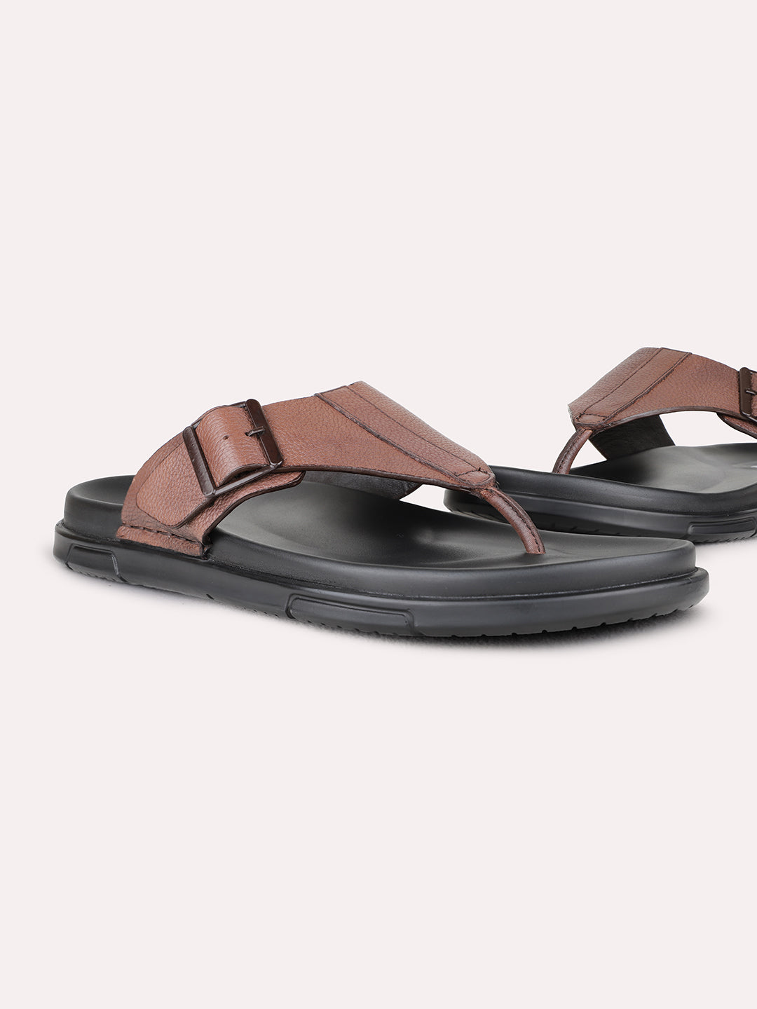 Mens Brown Casual Solid Round Toe T-Strap Flat Sandals