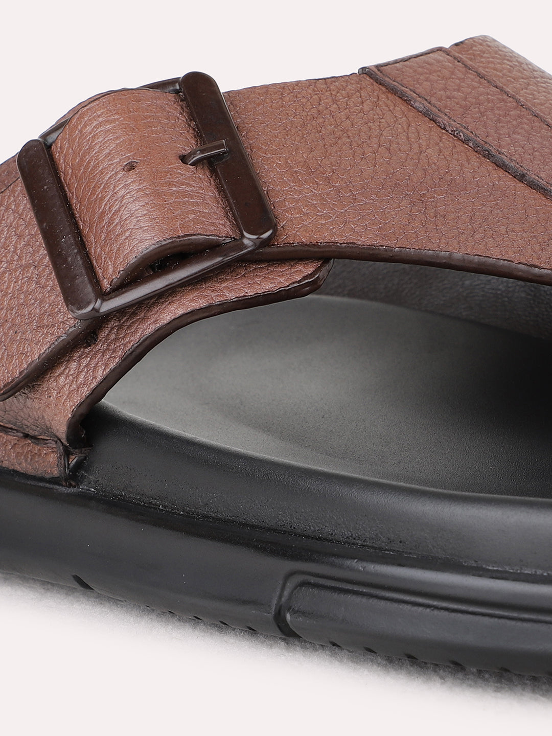 Mens Brown Casual Solid Round Toe T-Strap Flat Sandals