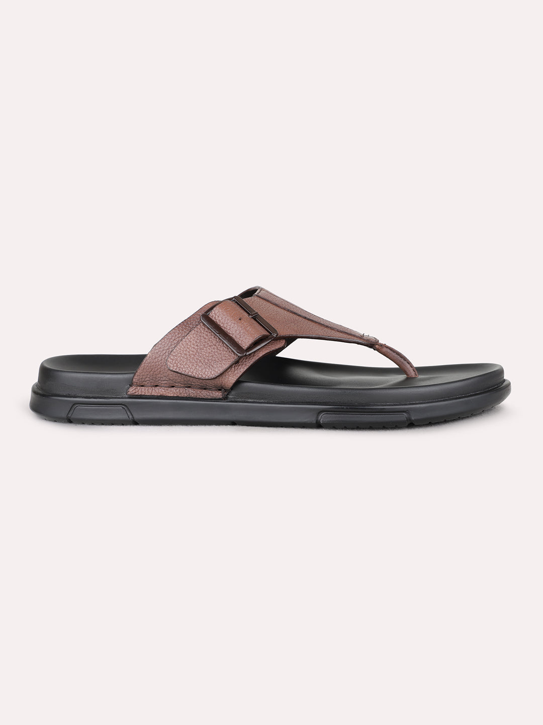 Mens Brown Casual Solid Round Toe T-Strap Flat Sandals
