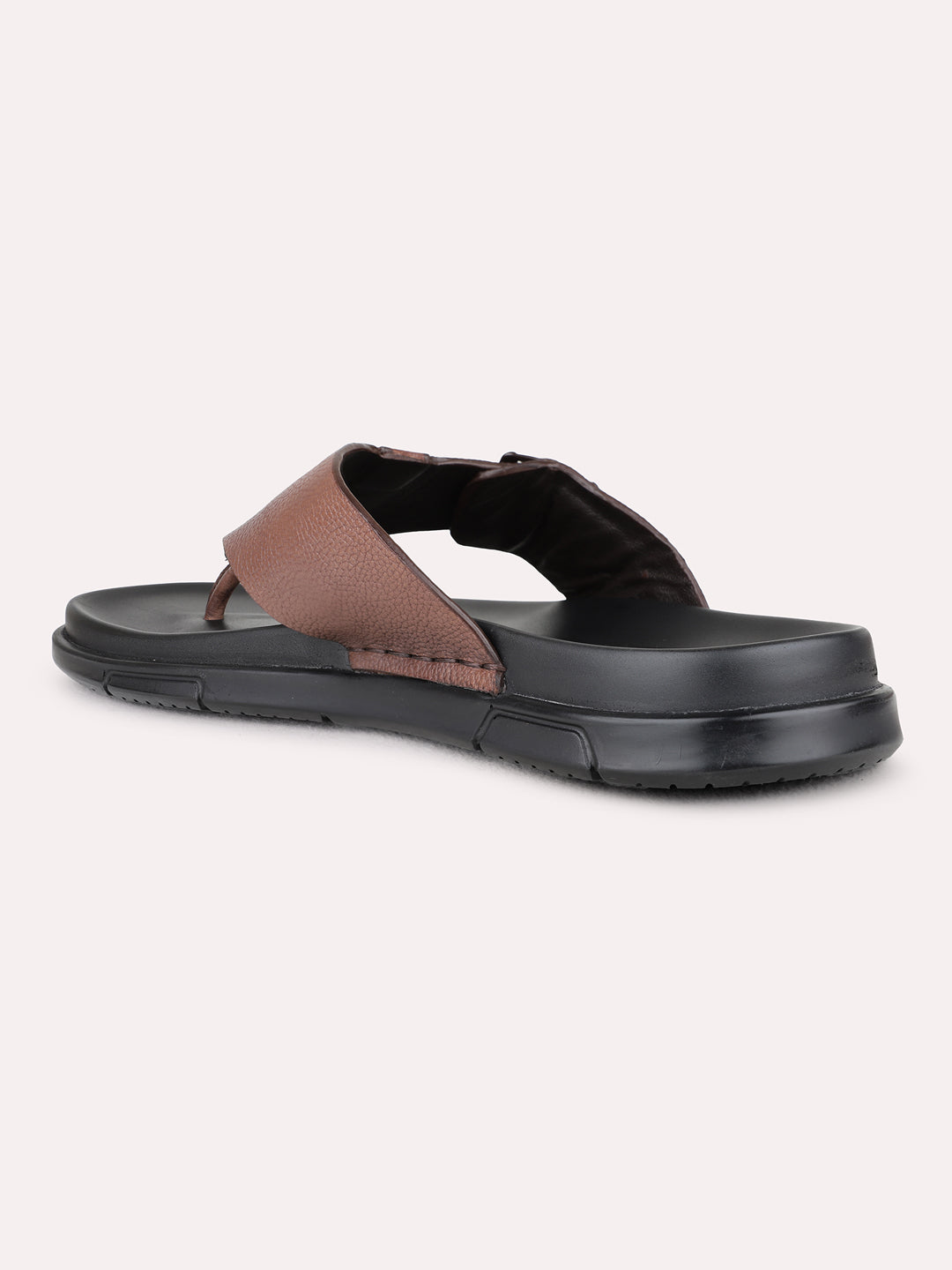 Mens Brown Casual Solid Round Toe T-Strap Flat Sandals