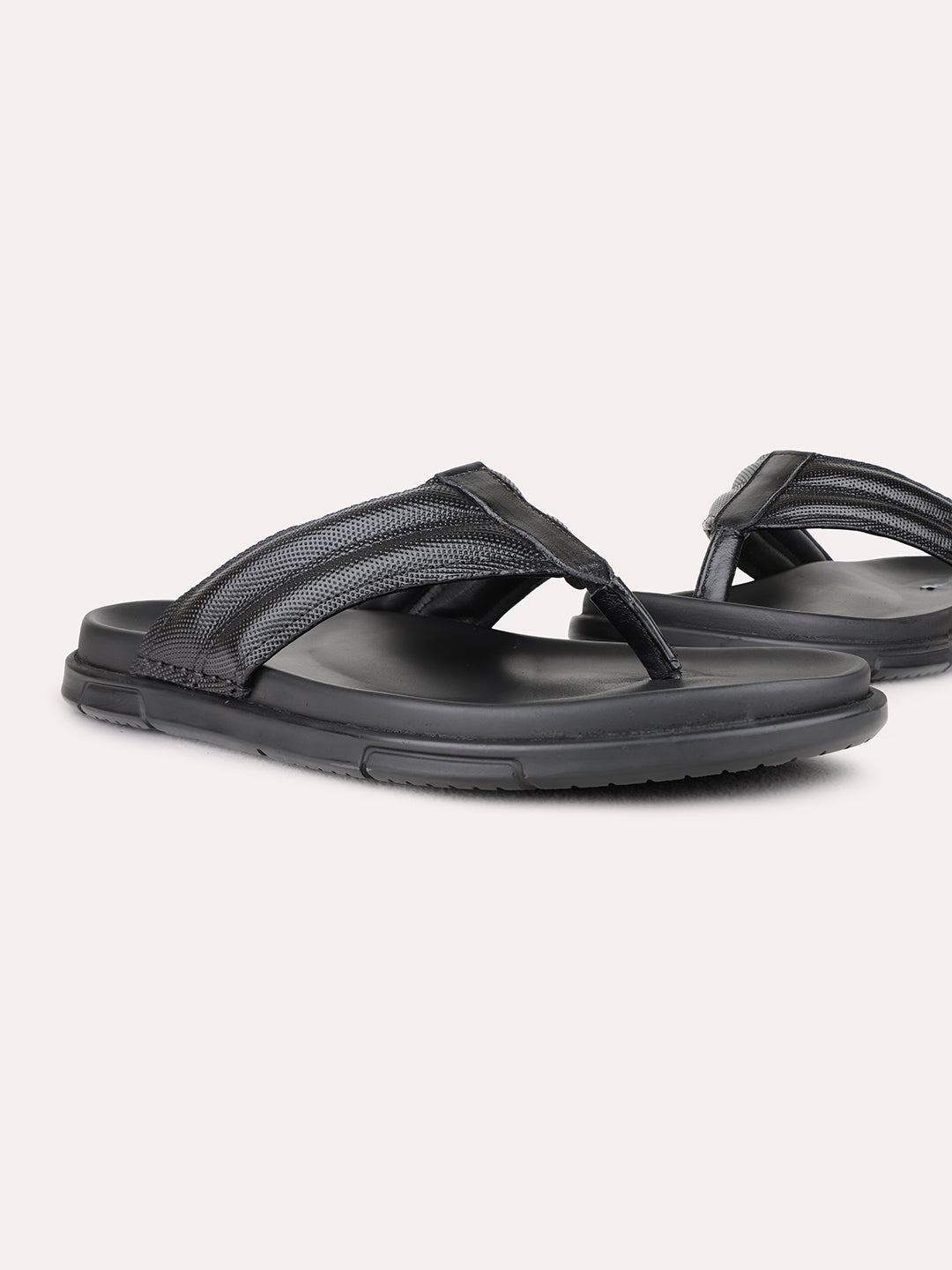 Mens Black Casual Solid Round Toe T-Strap Flat Sandals