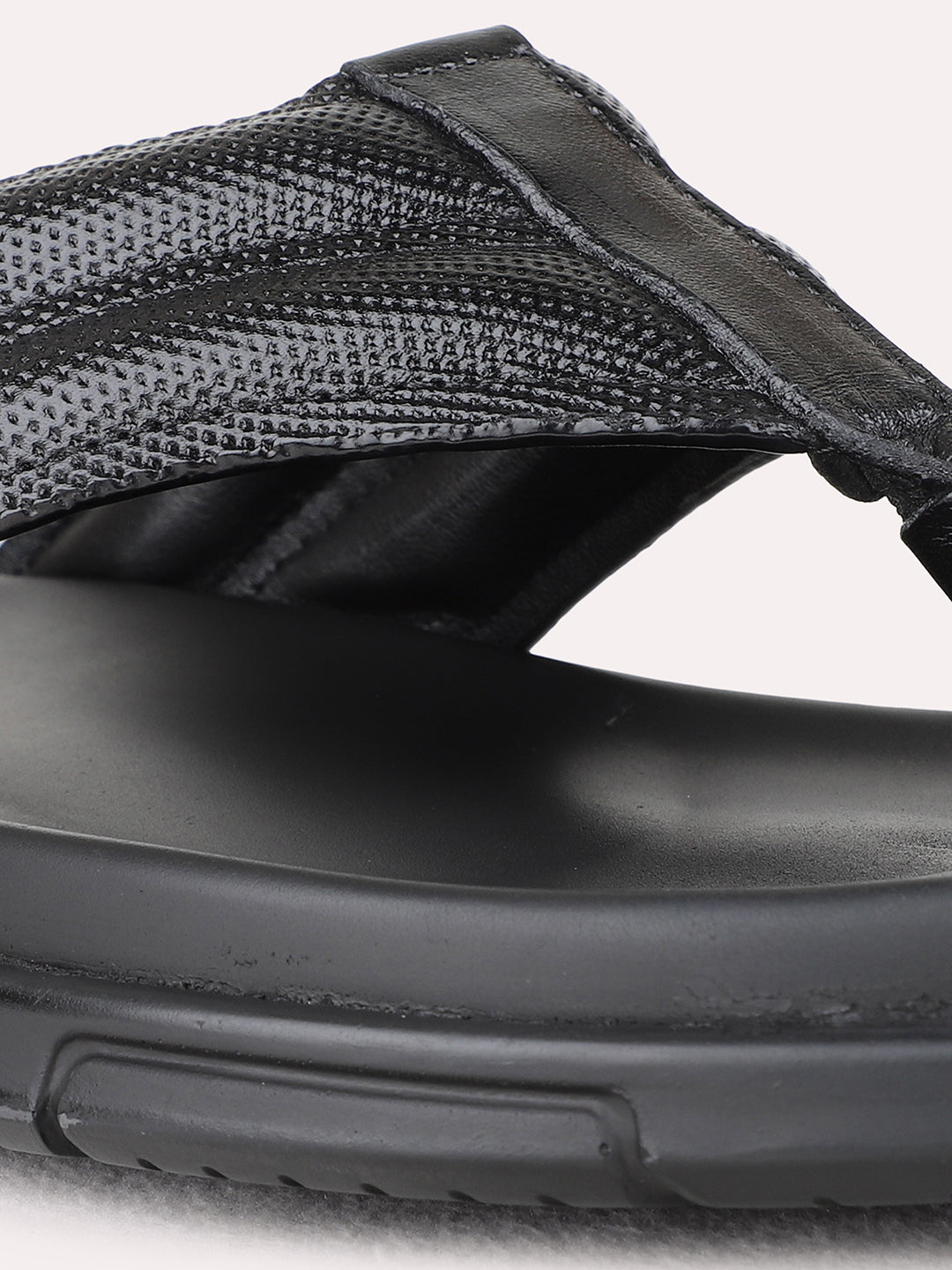 Mens Black Casual Solid Round Toe T-Strap Flat Sandals