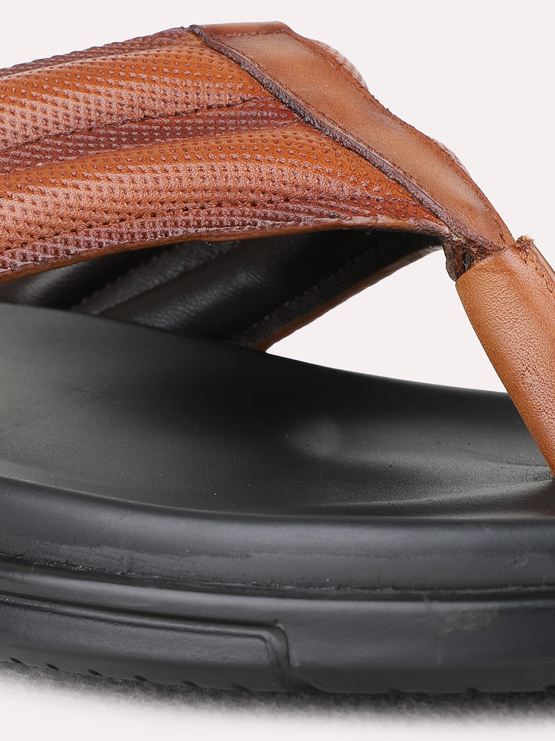 Mens Tan Casual Solid Round Toe T-Strap Flat Sandals