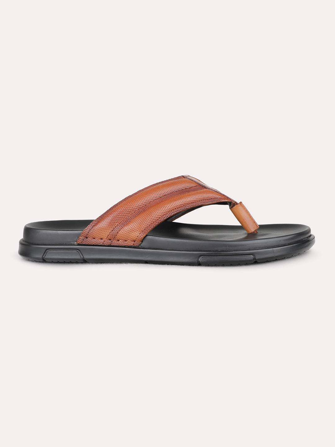 Mens Tan Casual Solid Round Toe T-Strap Flat Sandals
