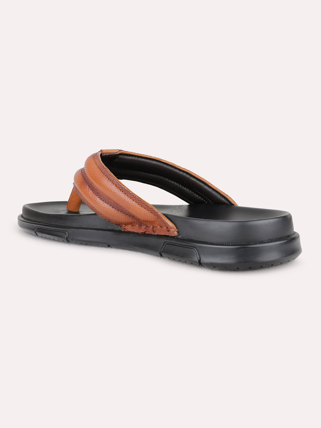 Mens Tan Casual Solid Round Toe T-Strap Flat Sandals