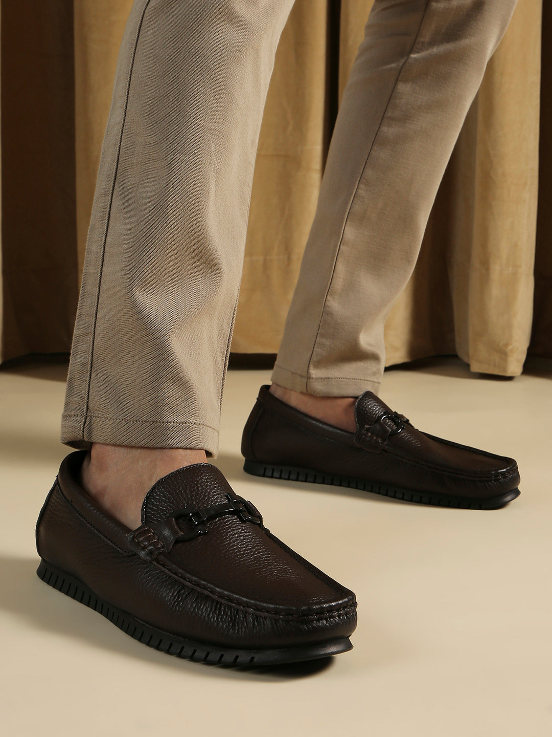 Mens Brown Party Wear Solid Square Toe Loafer Shoes