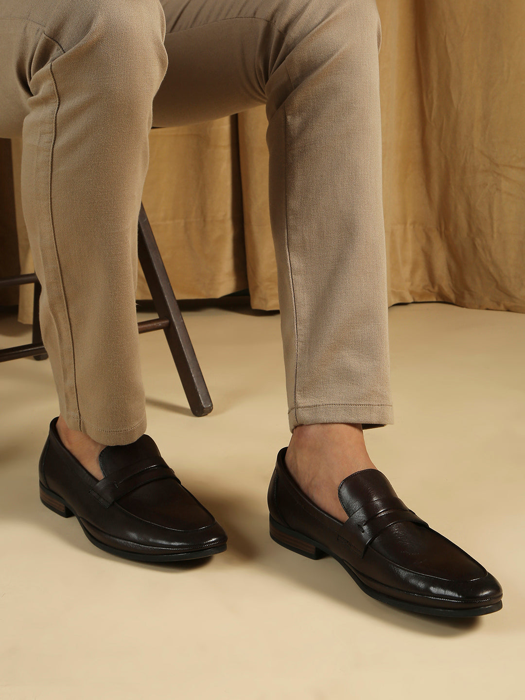 Mens Brown Party Wear Solid Round Toe Loafer Shoes