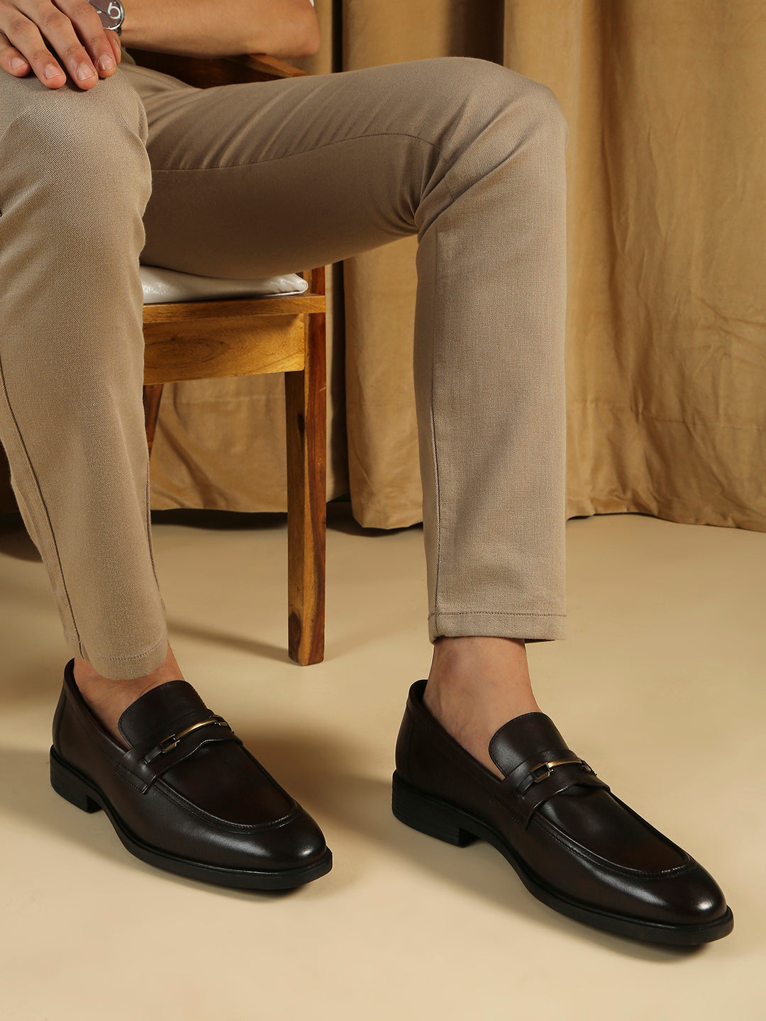 Mens Brown Party Wear Solid Round Toe Loafer Shoes