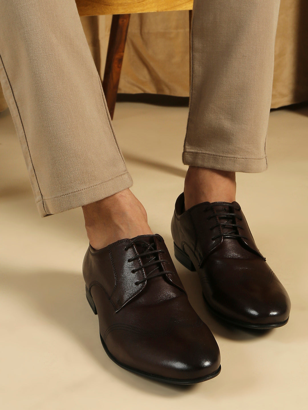 Mens Brown Formal Solid Round Toe Derby Shoes