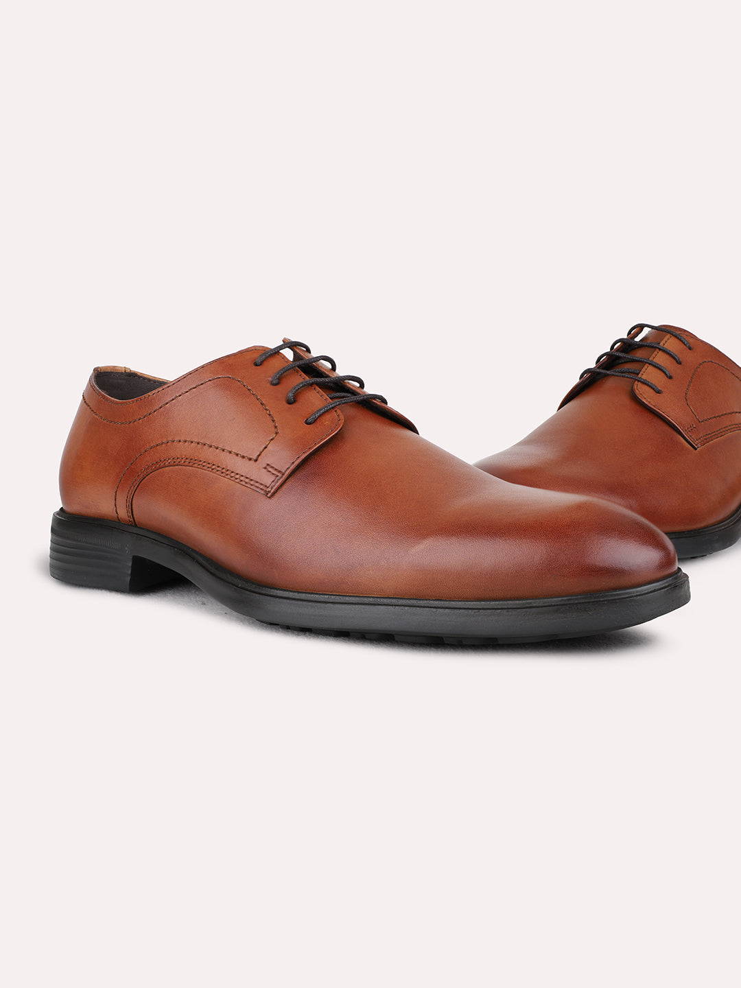 Mens Tan Formal Solid Round Toe Derby Shoes